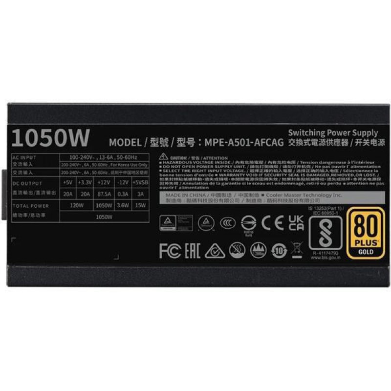 CoolerMaster MWE Gold 1050 V2 rev. 2.0 1050W Μαύρο Τροφοδοτικό Υπολογιστή Full Modular 80 Plus Gold