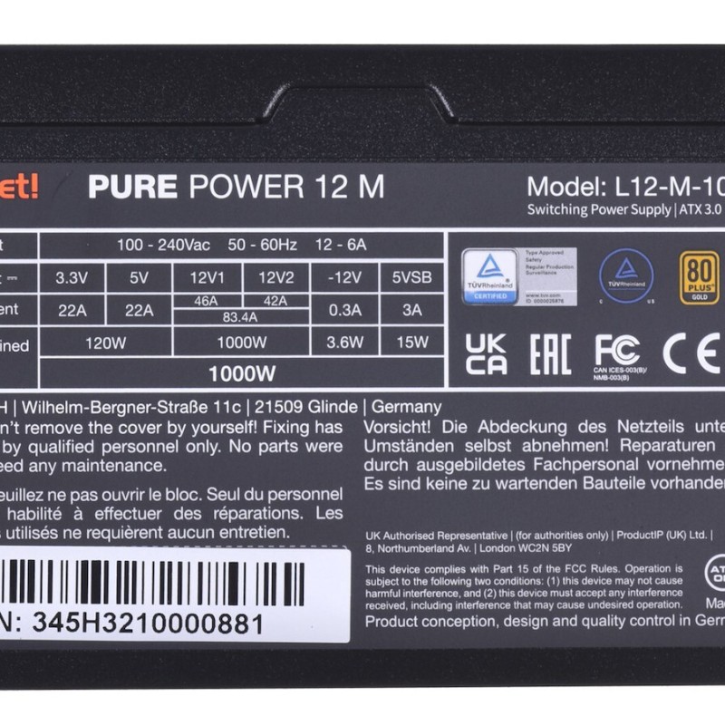 Be Quiet Pure Power 12 M 1000W Μαύρο Τροφοδοτικό Υπολογιστή Full Modular 80 Plus Gold