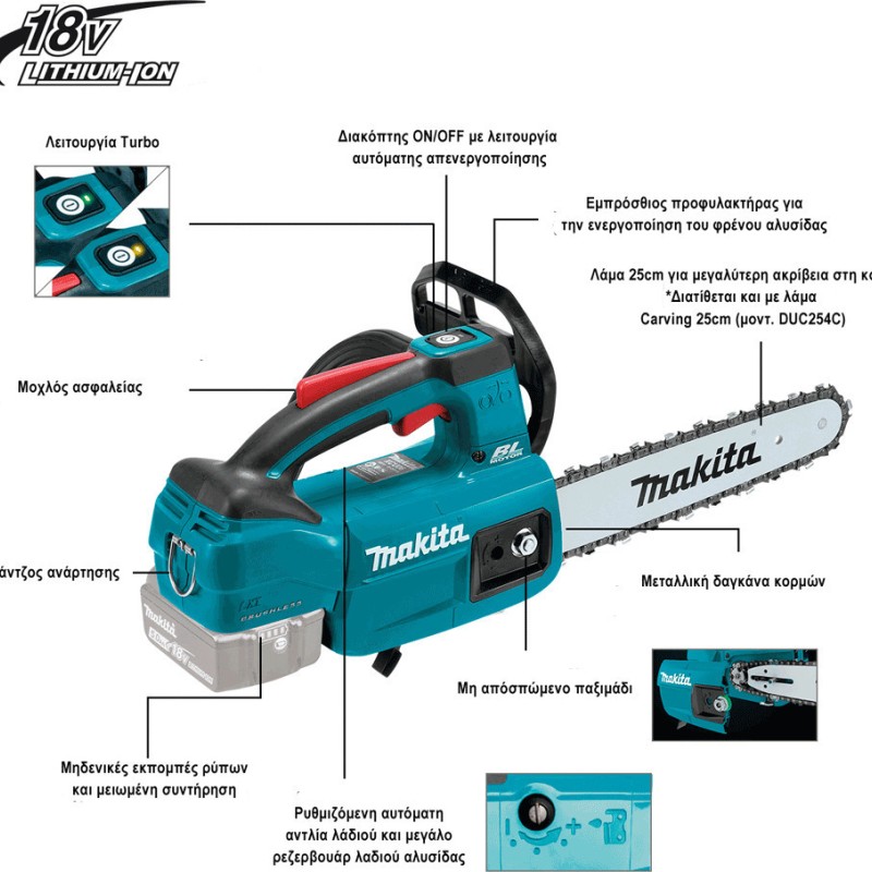 Makita Κλαδευτικό Αλυσοπρίονο Μπαταρίας Solo Brushless 18V 2.8kg με Λάμα 25cm DUC254Z