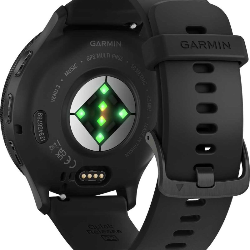 Garmin Venu 3 Stainless Steel 45mm Αδιάβροχο Smartwatch με Παλμογράφο (Slate Bezel With Black Silicone Band)